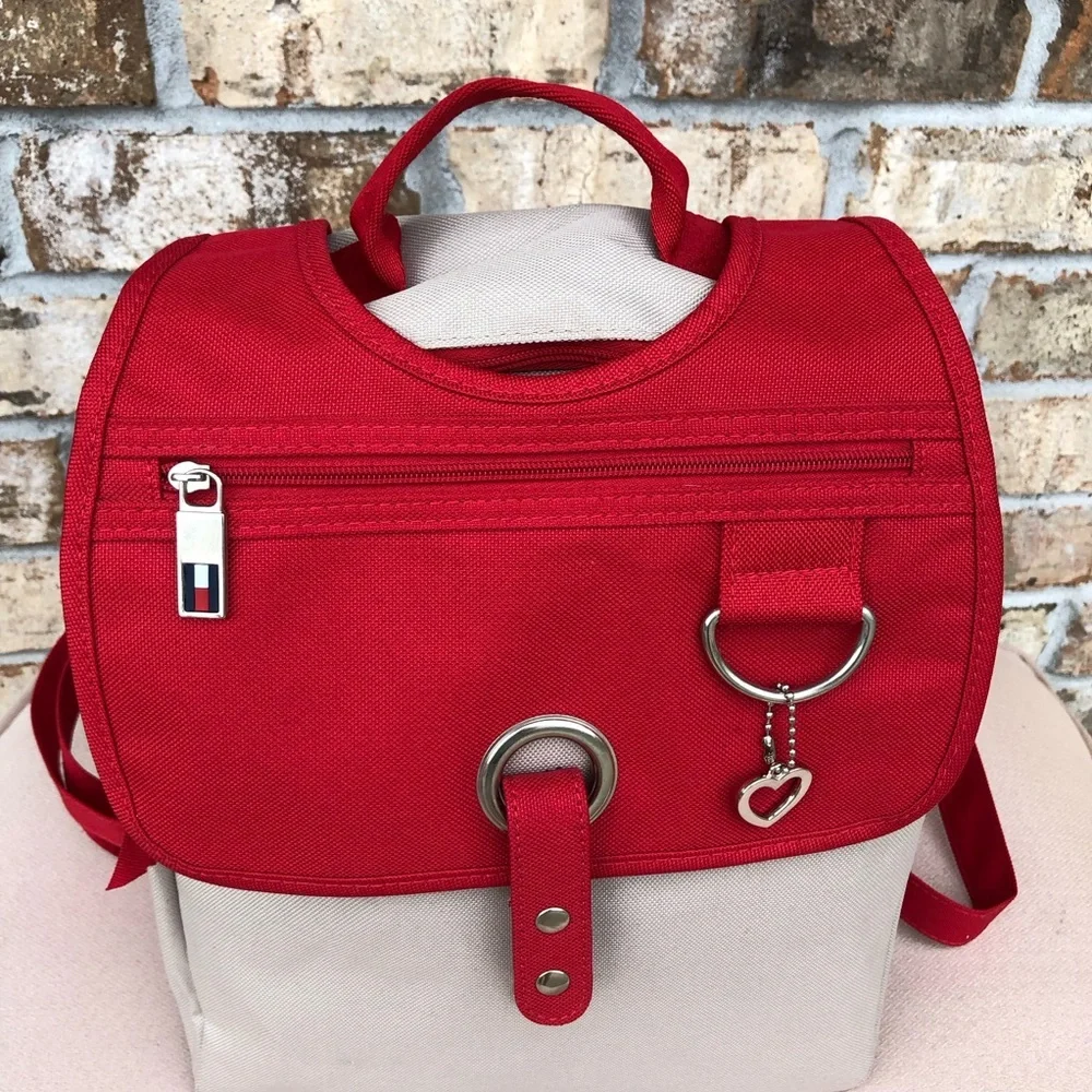 Tommy Hilfiger Red Tan Medium Size Snap/ Zipper Closure Women’s Backpack